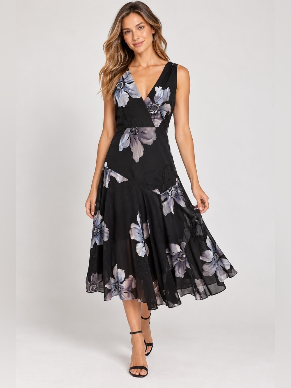 Dressbarn sz 14 black floral fairy romantic drop waist dress